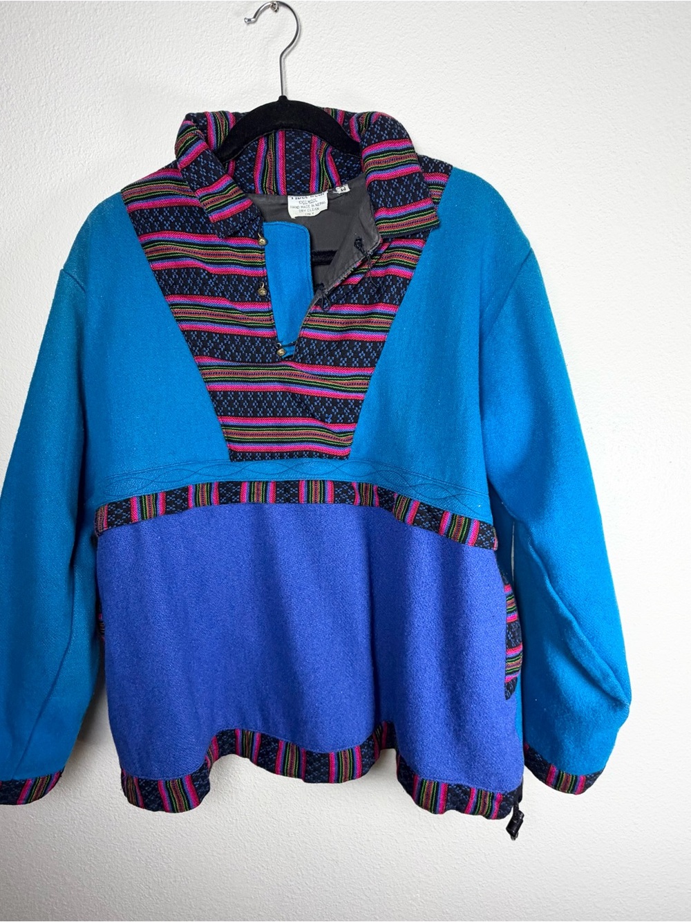 Rare Vintage Tibel Wear 100% Wool Colorblock Tribal Pullover Made in Nepal Sz M